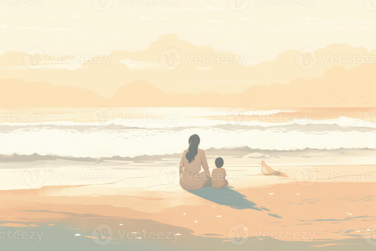 Mother's Day illustration with a minimalist style that showcases a mother and child enjoying a peaceful day at the beach. Soft, muted tones. photo