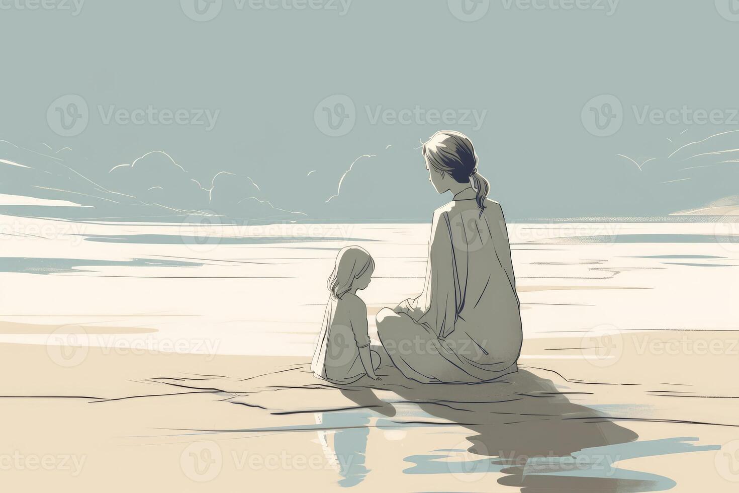 Mother's Day illustration with a minimalist style that showcases a mother and child enjoying a peaceful day at the beach. Soft, muted tones. photo