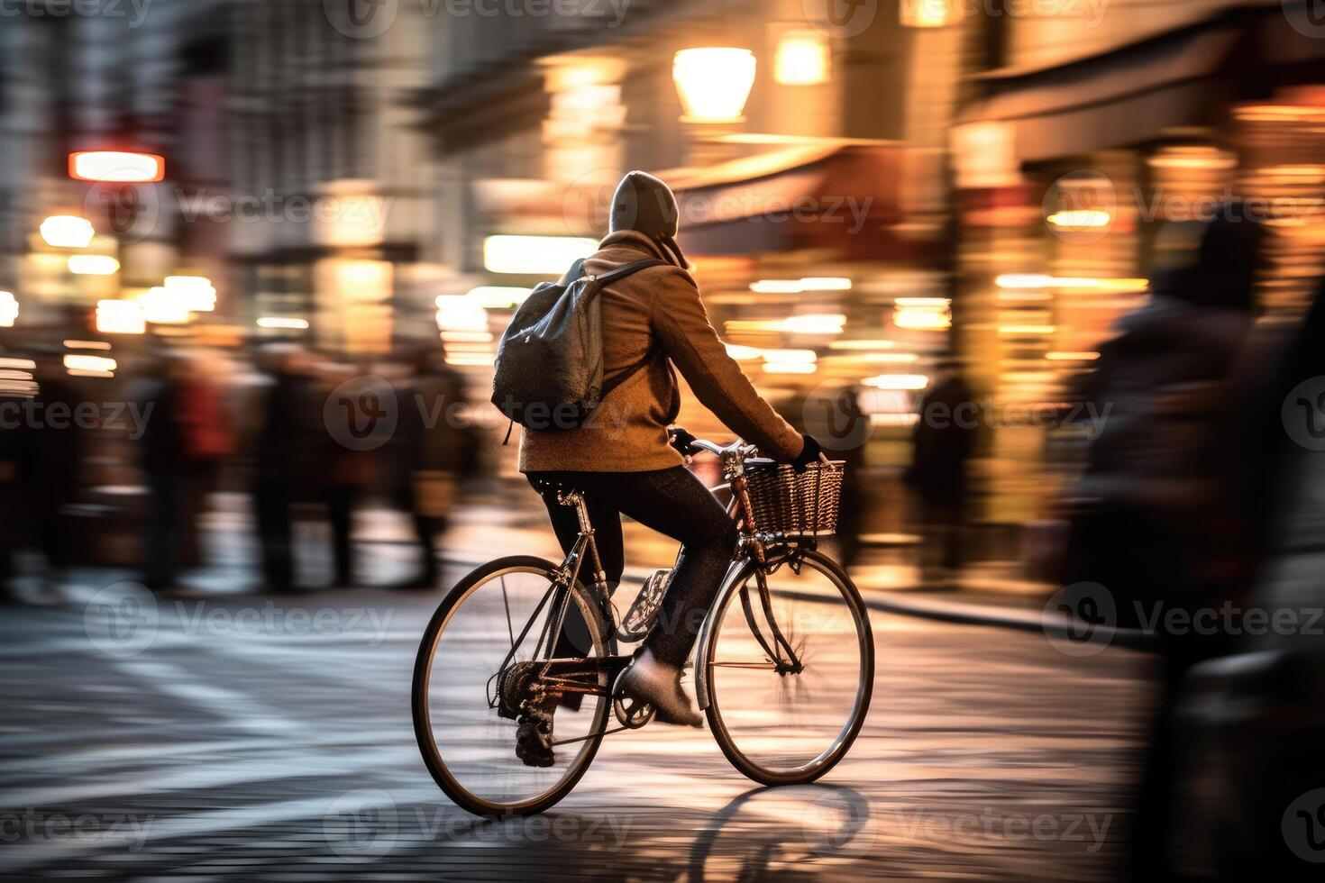 Photo of a person riding a bike in the city crowd under the lights at night in the city, and among the crowds of people. .