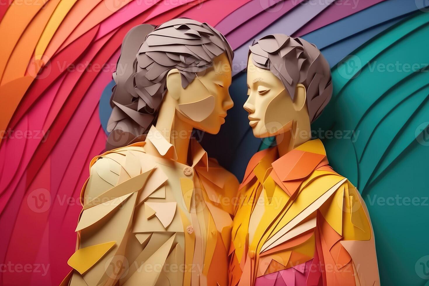 Lesbian couple hugging each other, illustration in paper art style for pride month. photo