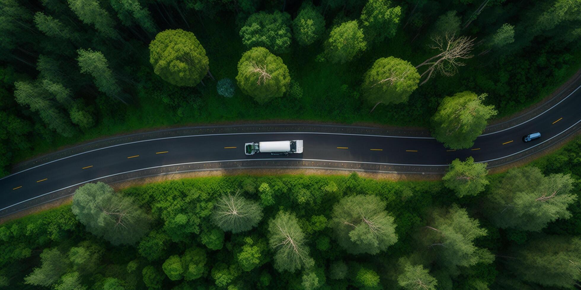 The aerial top view of road among the forest with . photo