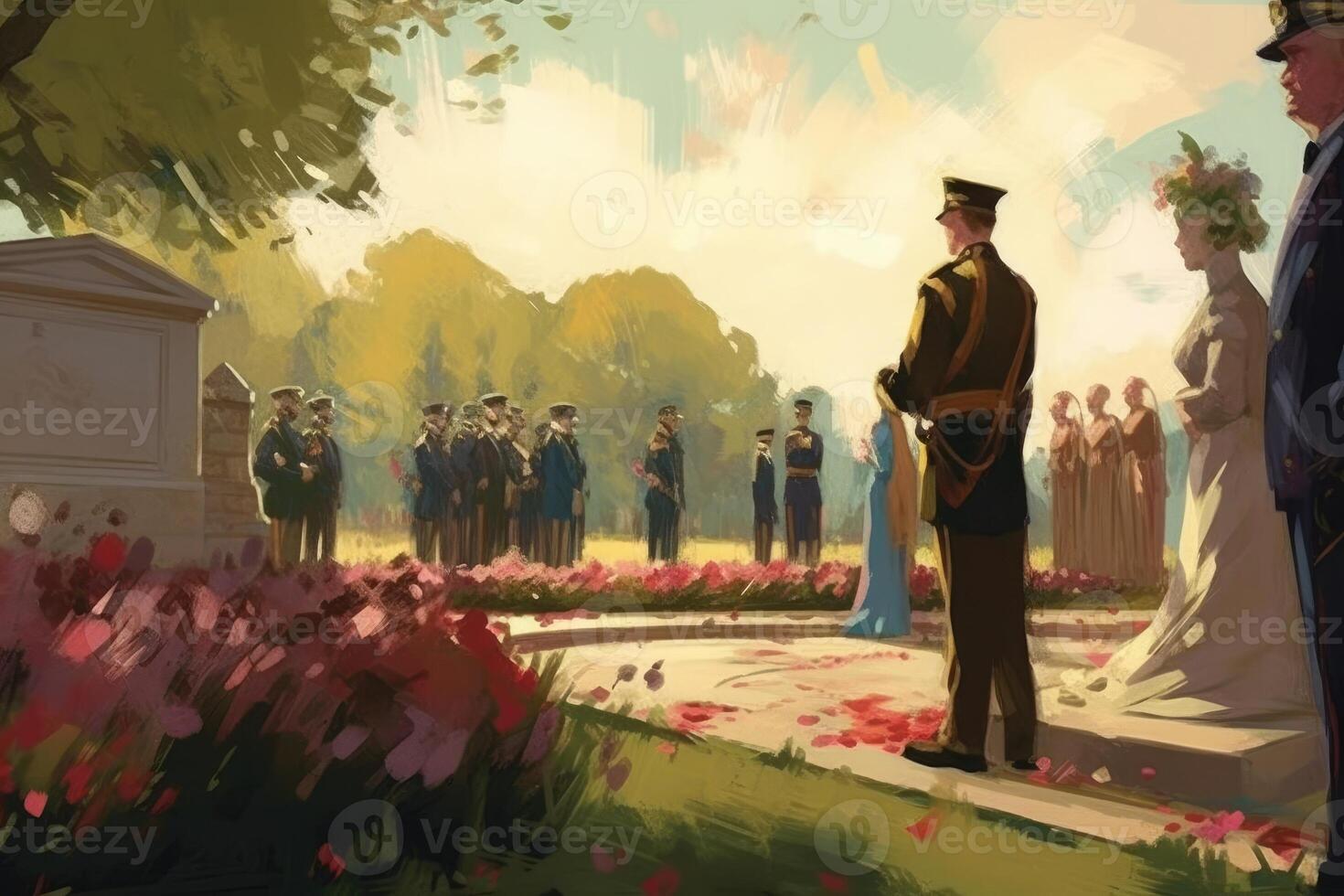 Memorial Day illustration. Design with American flags, soldiers and tombstones with photo