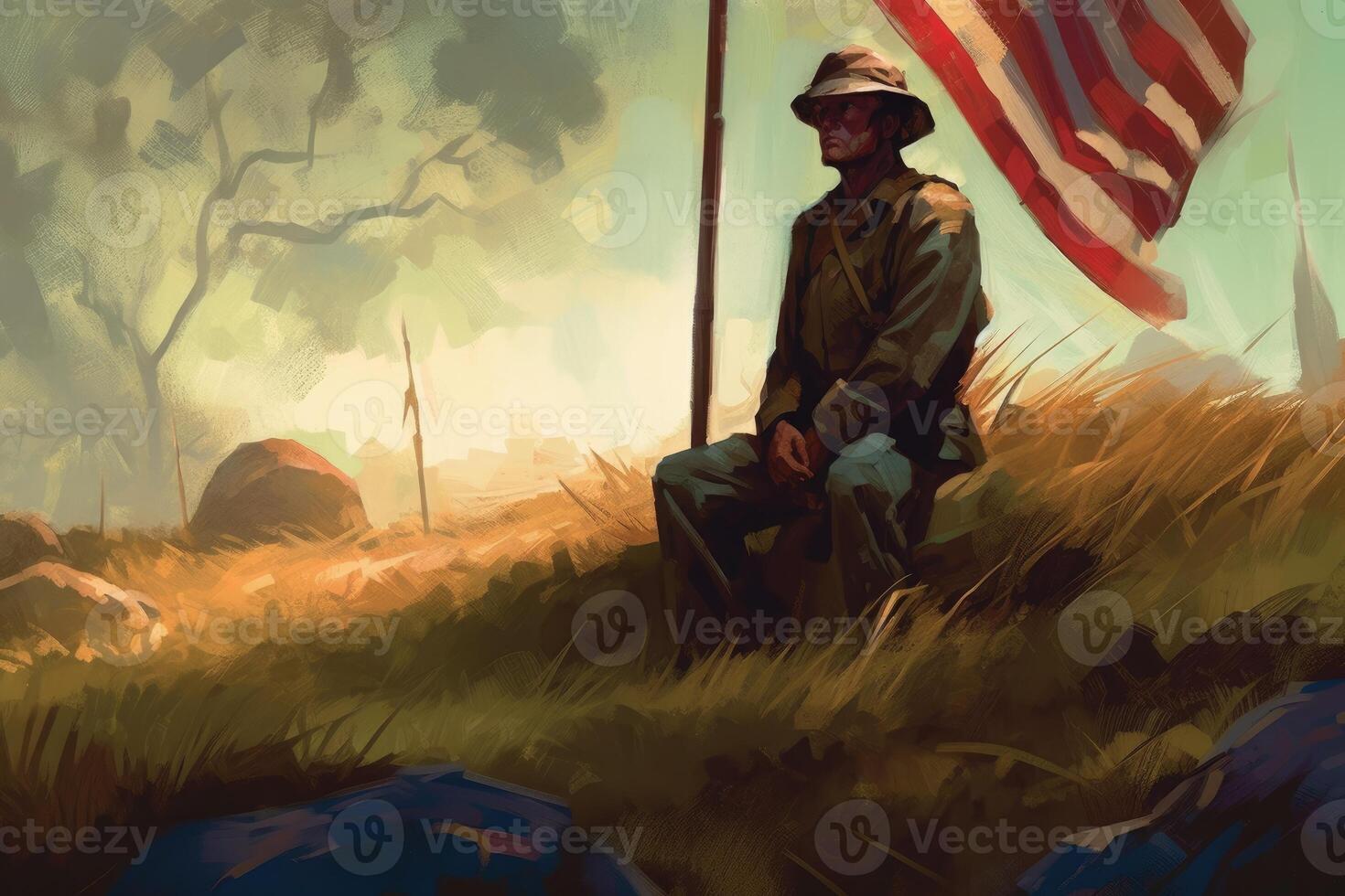 Memorial Day illustration. Design with American flags, soldiers and tombstones with photo