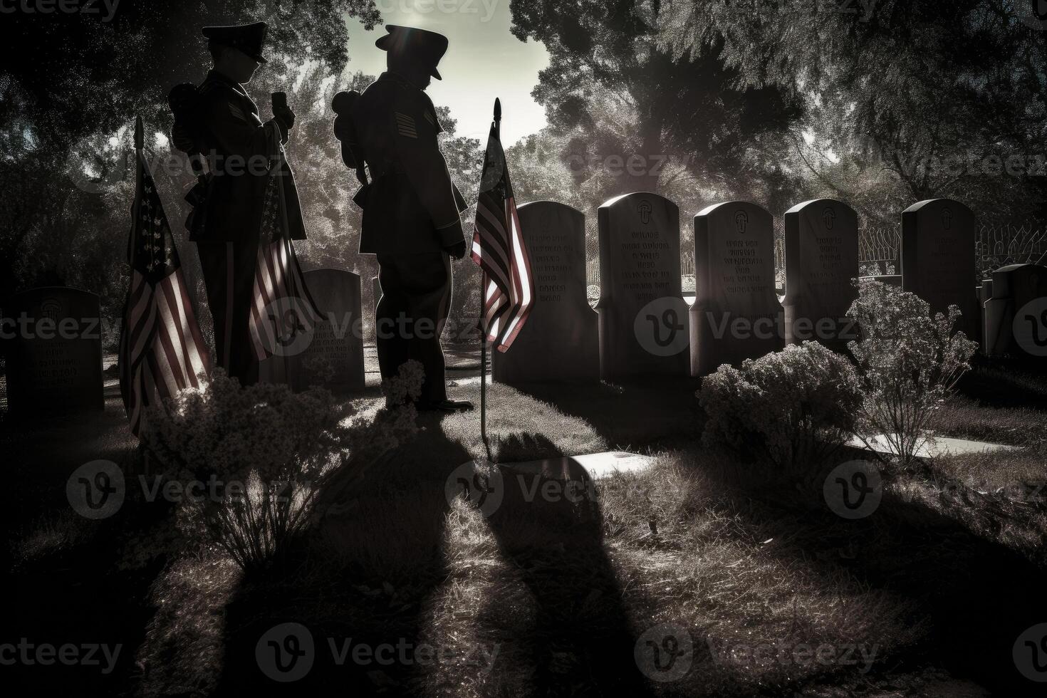 Memorial day photo with american flags in the cemetery.