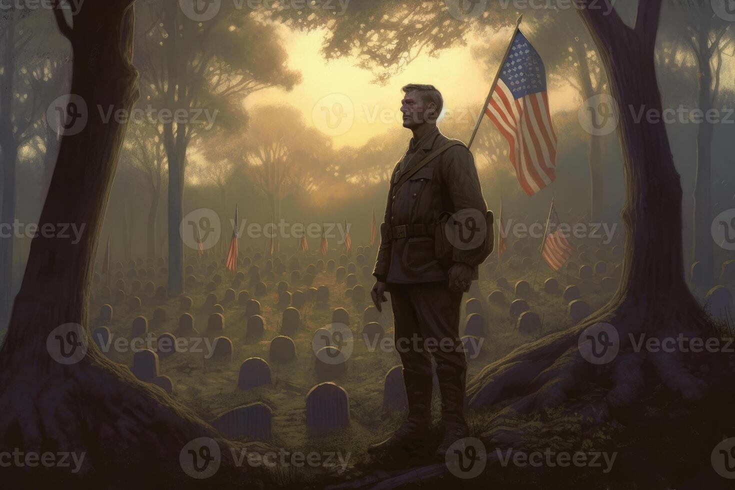 Memorial Day illustration. Design with American flags, soldiers and tombstones with photo