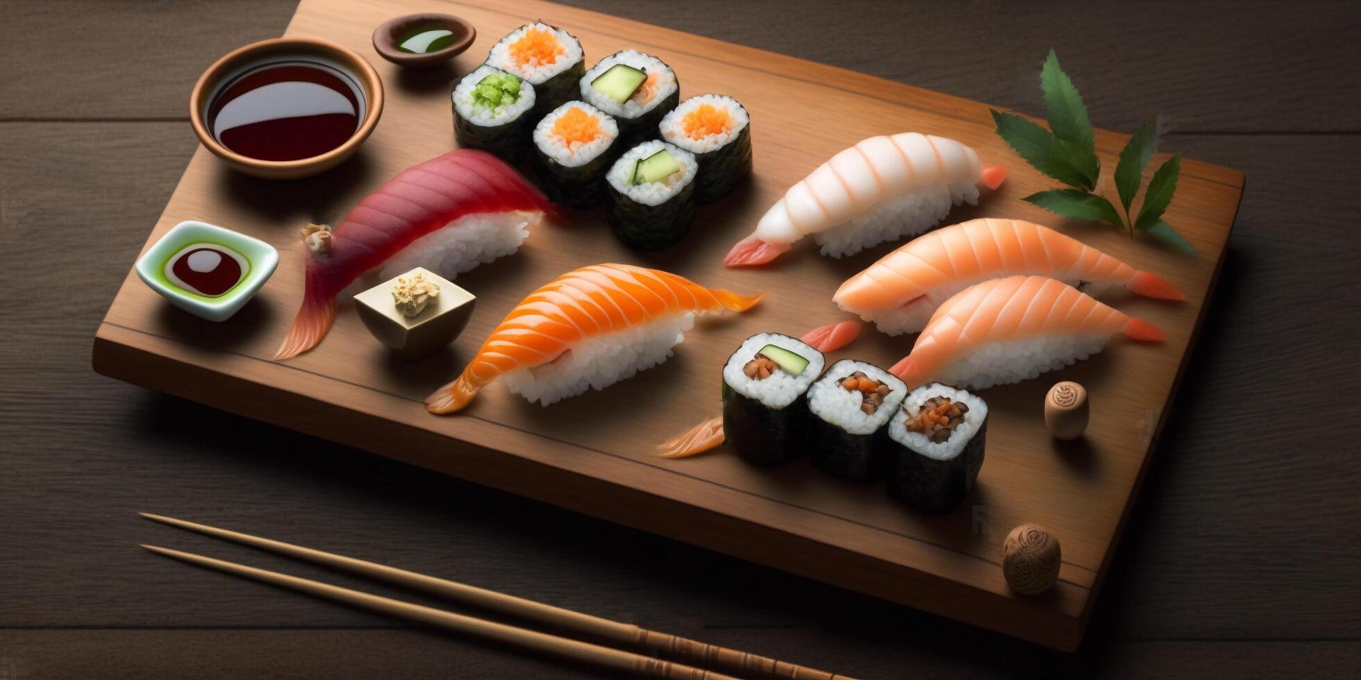 el japonés Sushi conjunto en el madera plato con ai generado. foto