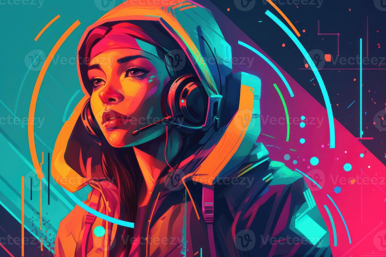 Abstract and retro futuristic robot woman illustration with multiple color laser neon effect. photo