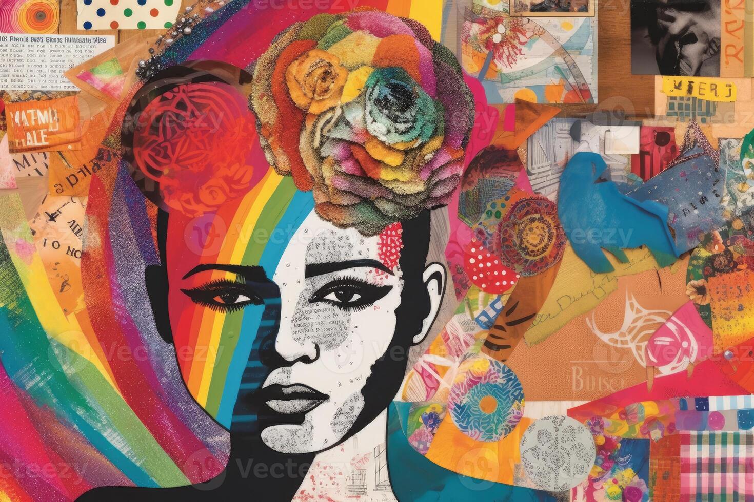 Collage illustration of a lesbian woman for Pride month with photo