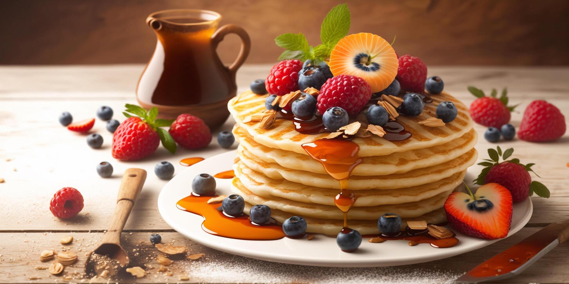 The pancake on the dish with . photo