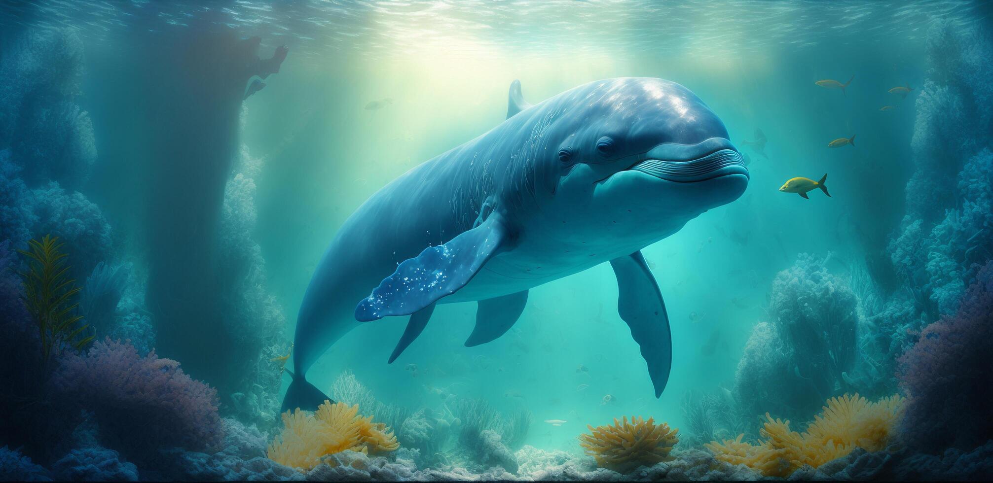 The dolphin is swimming in the underwater sea with . photo