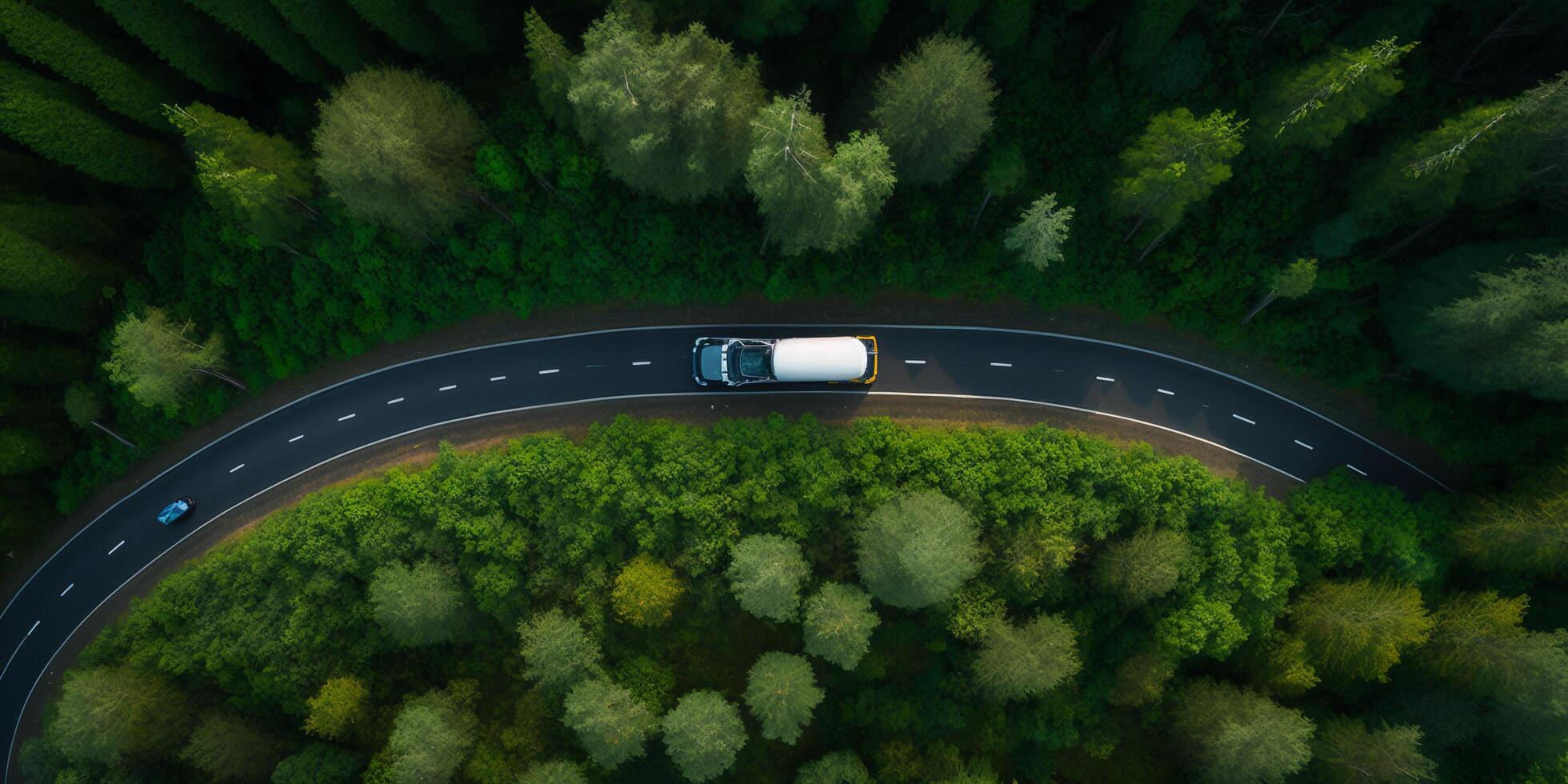 The aerial top view of road among the forest with . photo