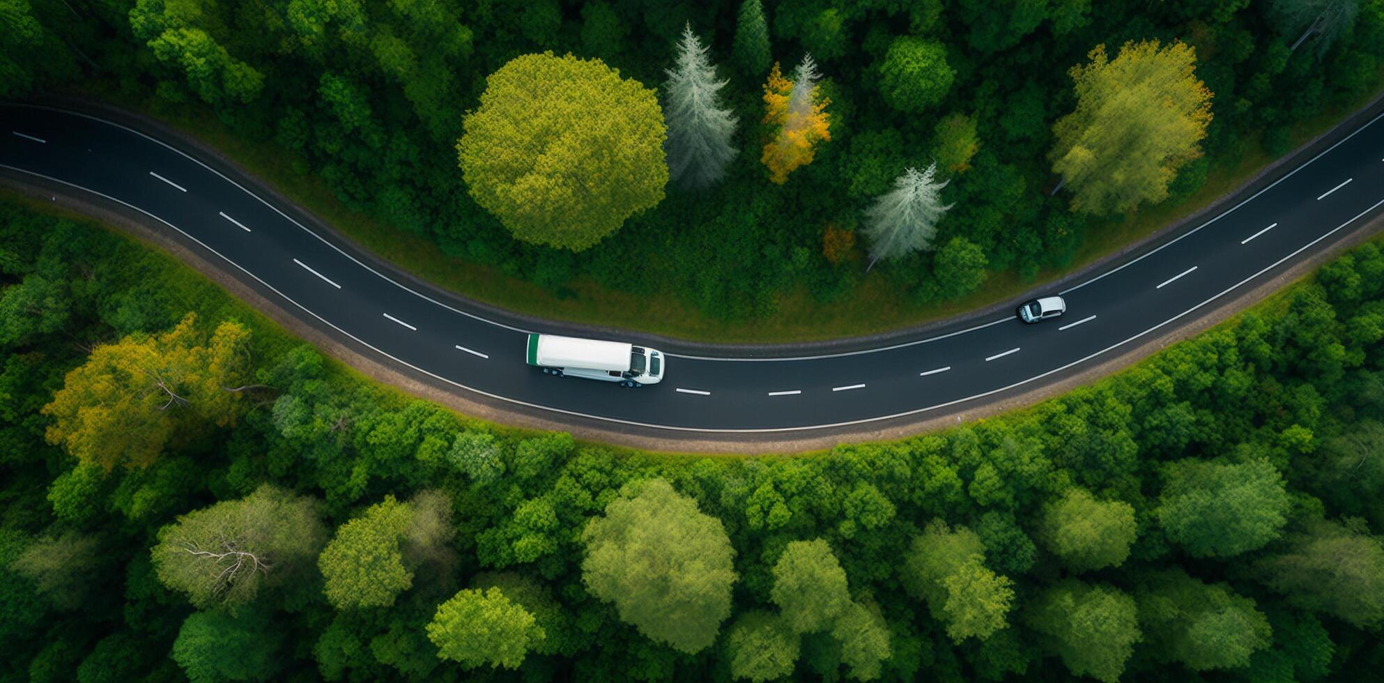 The aerial top view of road among the forest with . photo