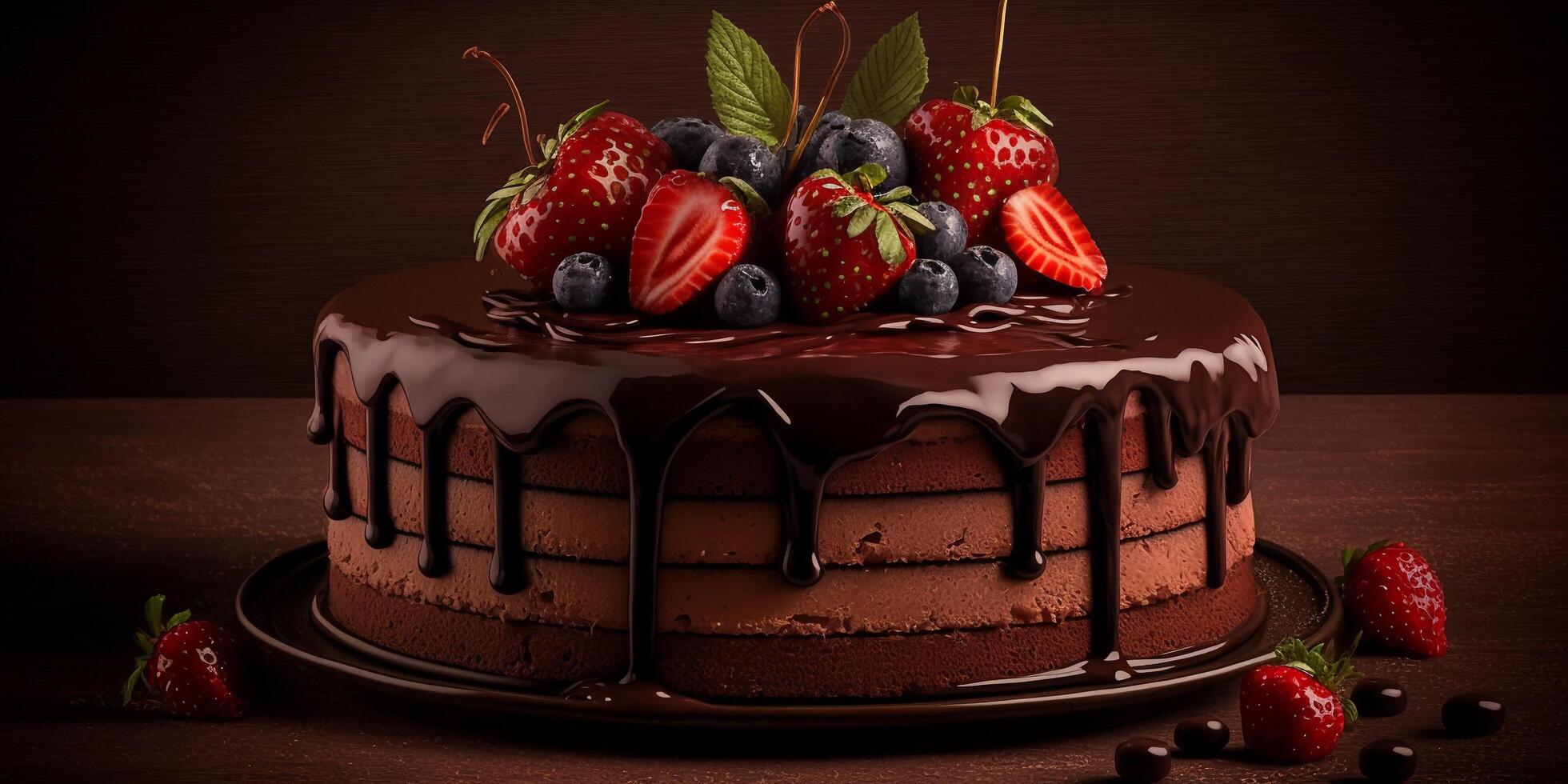 The chocolate cake and strawberry topping with . photo