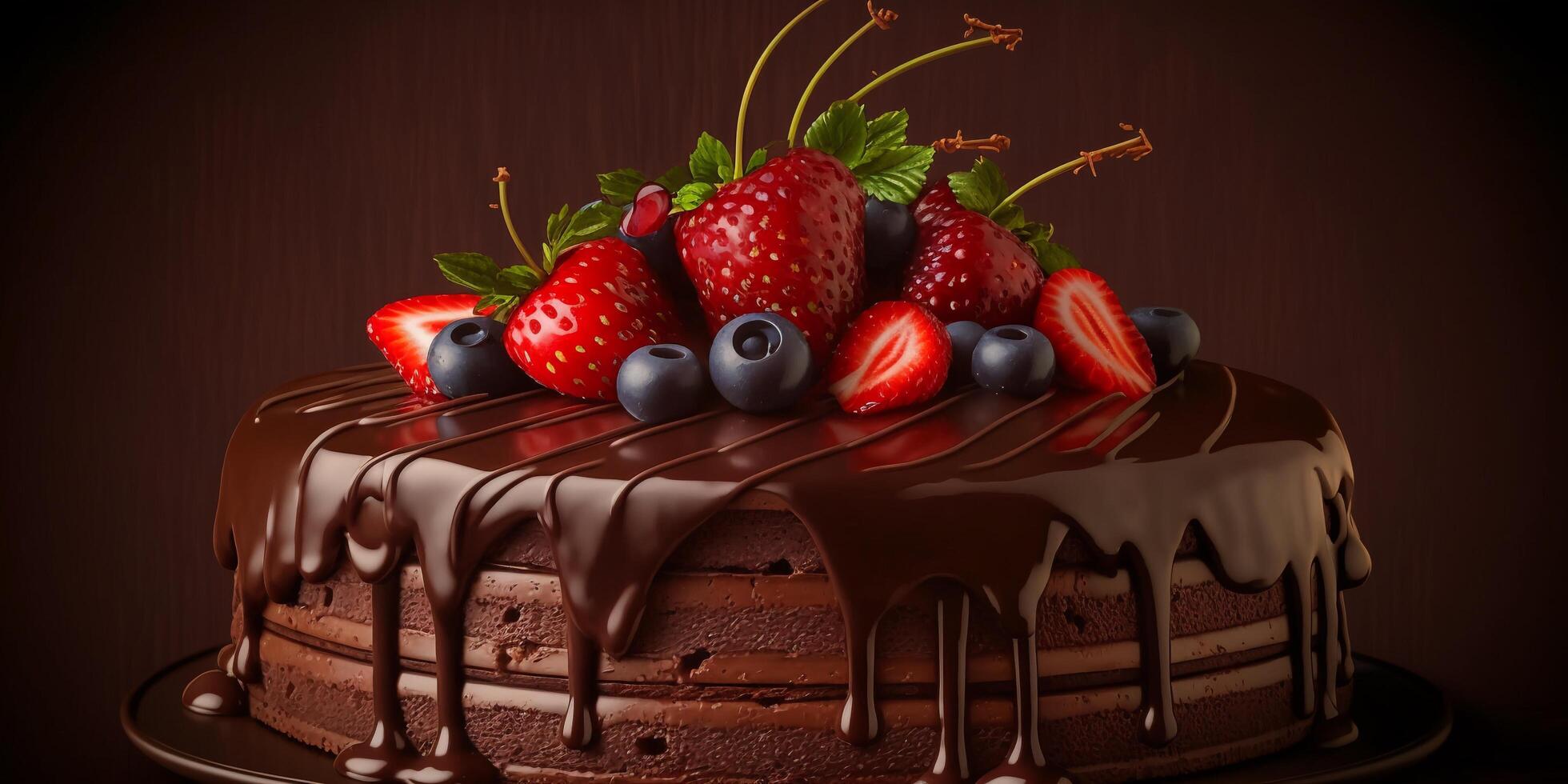 The chocolate cake and strawberry topping with . photo