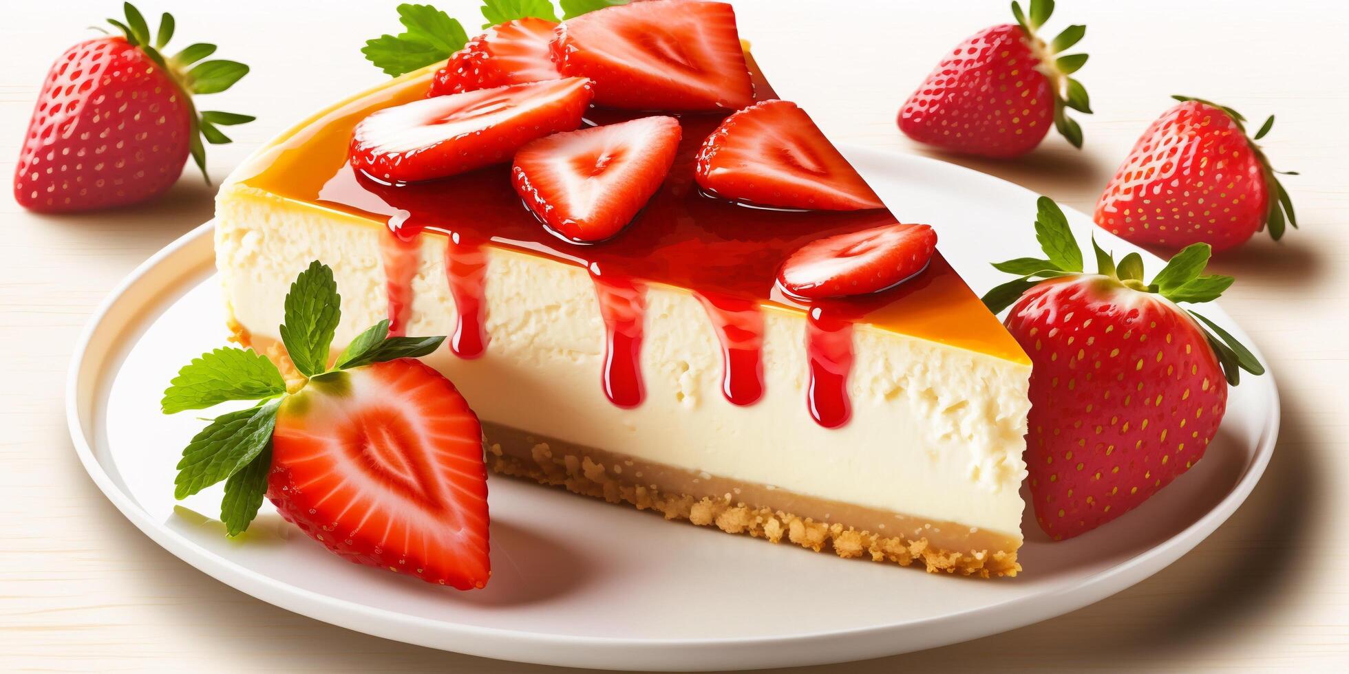 The strawberry cheesecake on the white dish with . photo