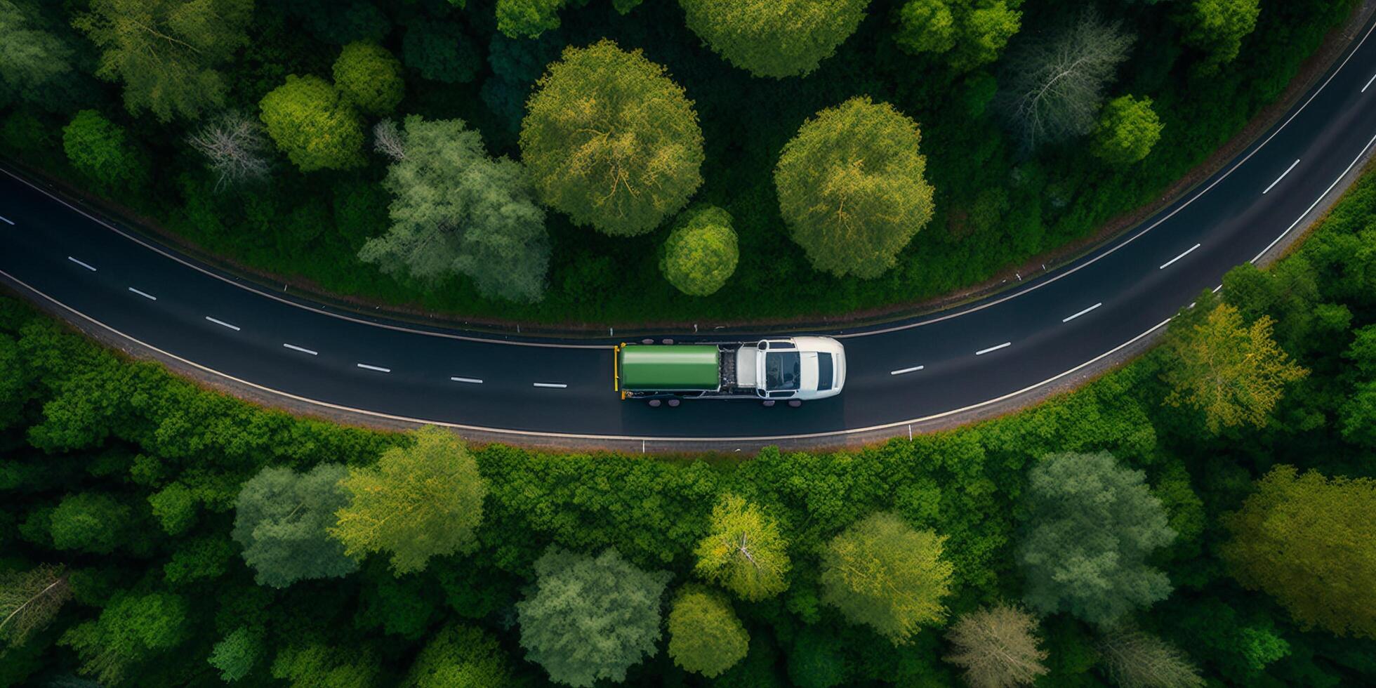 el aéreo parte superior ver de la carretera entre el bosque con ai generado. foto