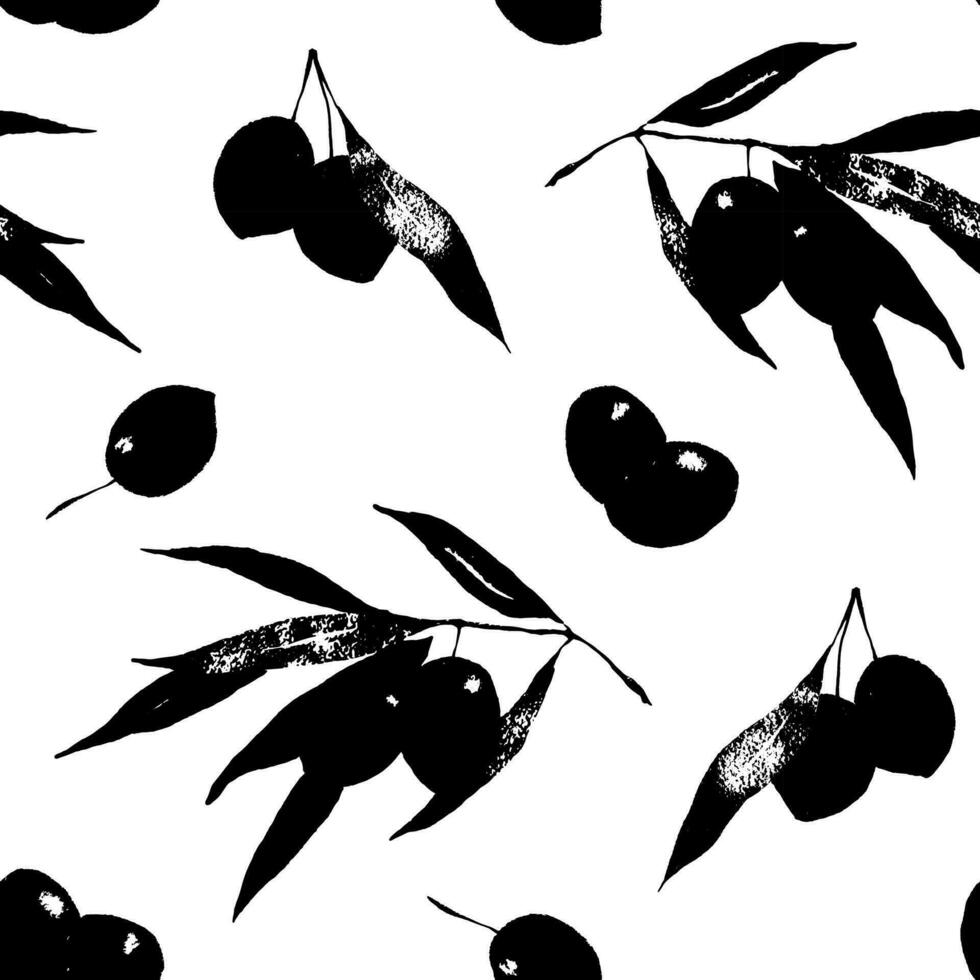 Olives branch black silhouettes imprint seamless patten on white background. Olive leaves and berries monochrome botanical print vector design for wrapping paper, textile, package, natural cosmetics.