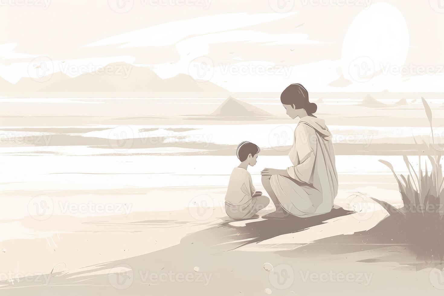 Mother's Day illustration with a minimalist style that showcases a mother and child enjoying a peaceful day at the beach. Soft, muted tones. photo