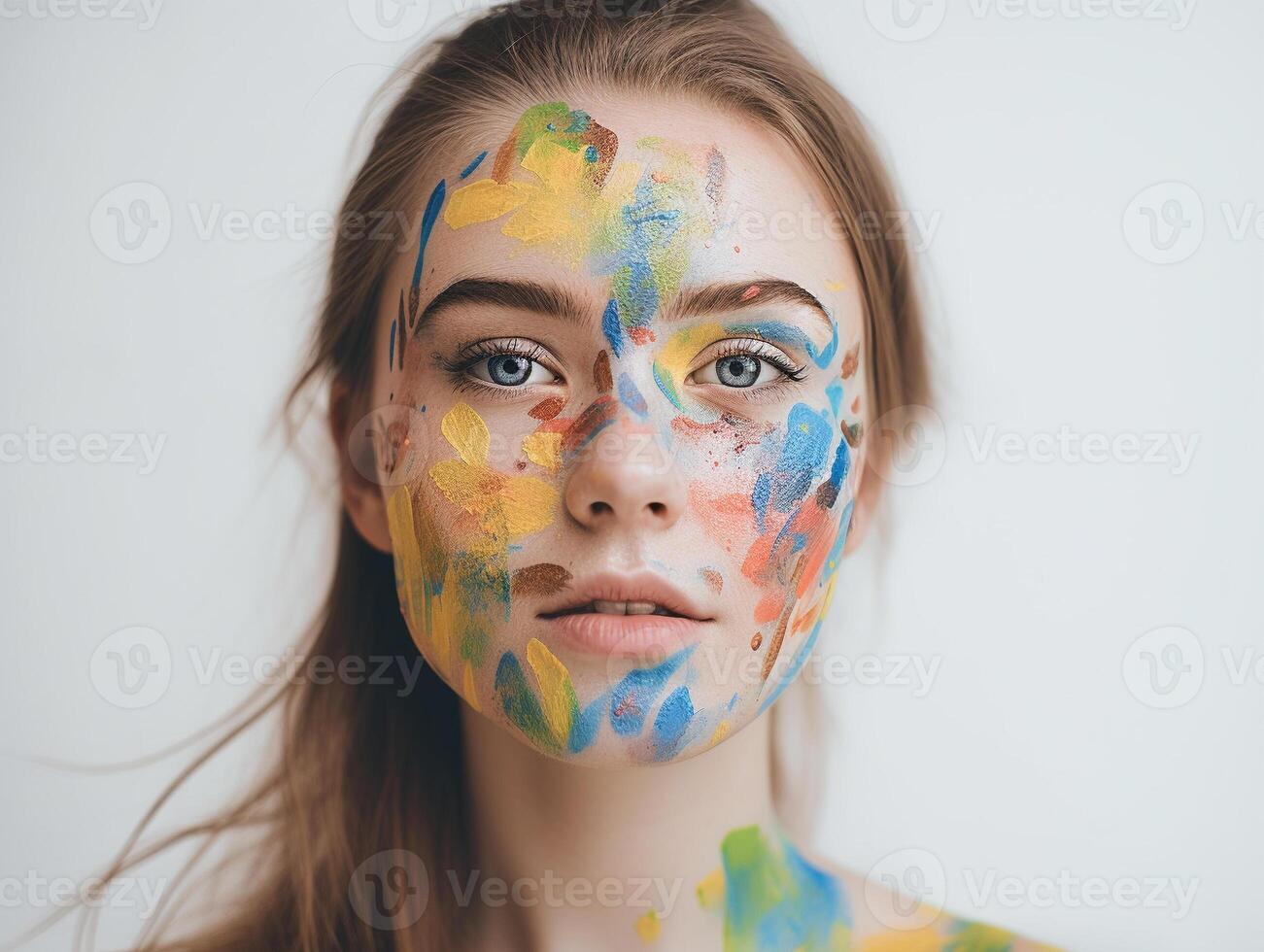 un mujer con cara pintar creado con generativo ai tecnología foto