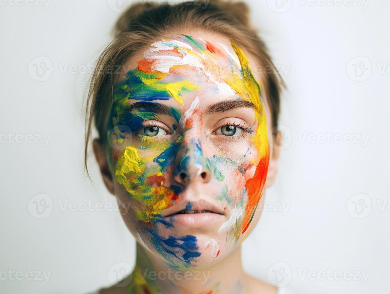 un mujer pinturas su cara creado con ai generado foto