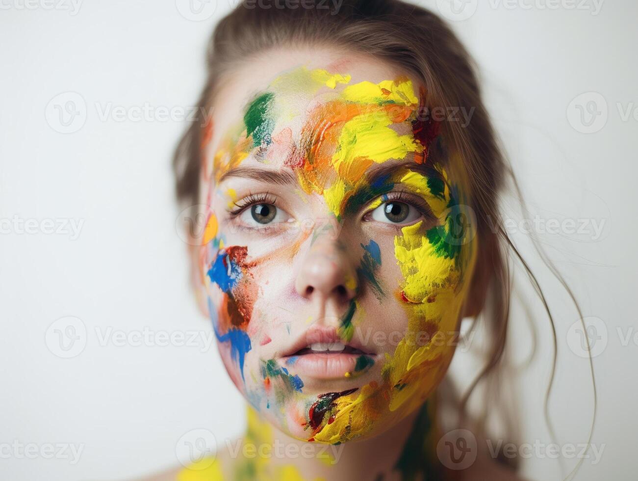 un mujer con cara pintar creado con generativo ai tecnología foto