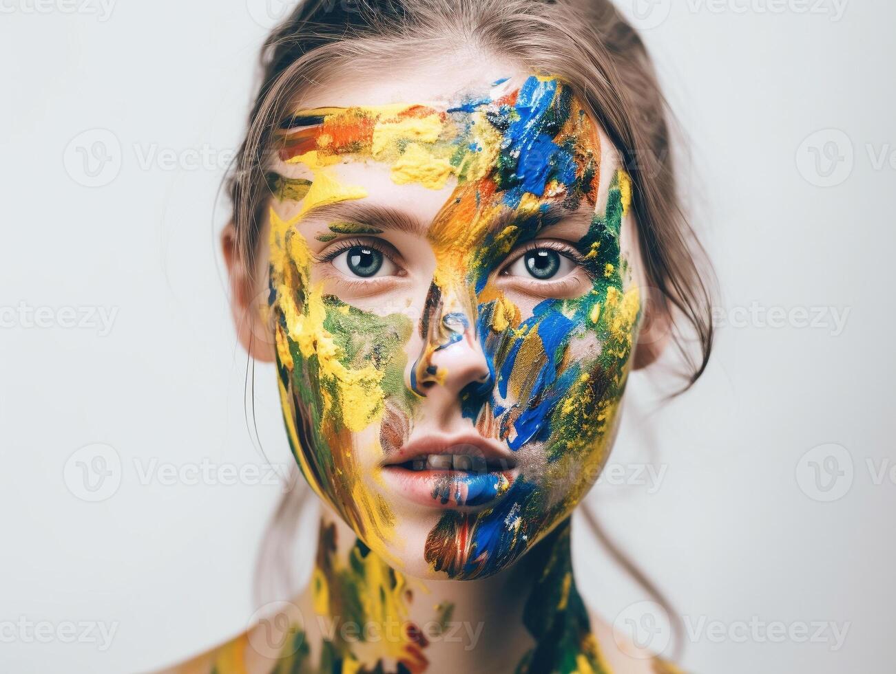 un mujer pinturas su cara creado con ai generado foto