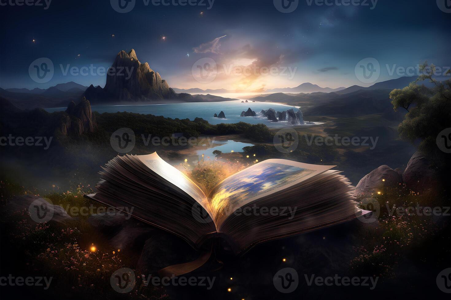 Magical Fairy Tale Book Opens to Breathtaking Galaxy Landscape created with technology photo