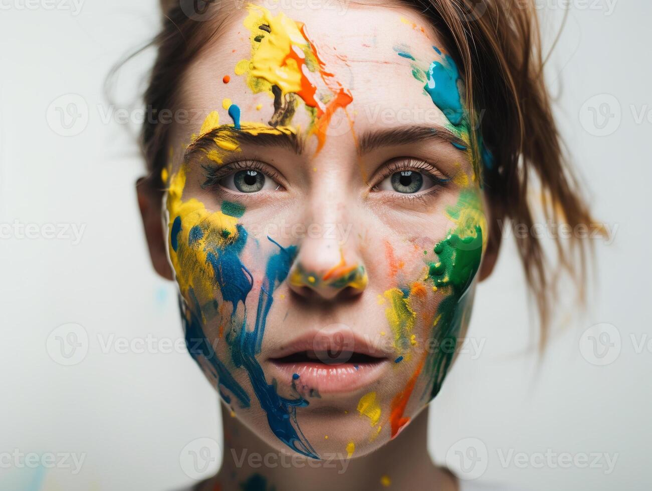 un mujer pinturas su cara creado con ai generado foto