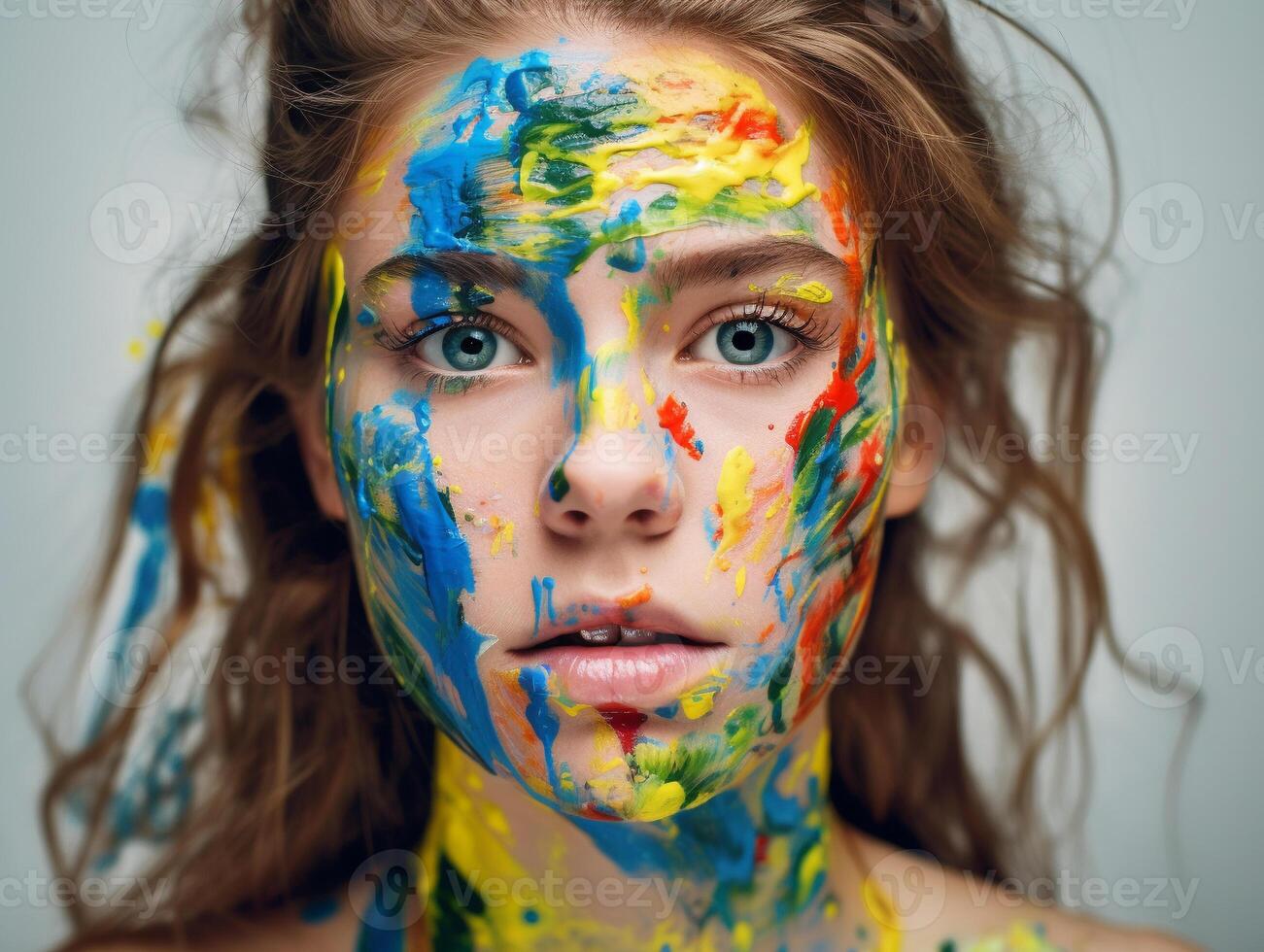 un mujer pinturas su cara creado con ai generado foto