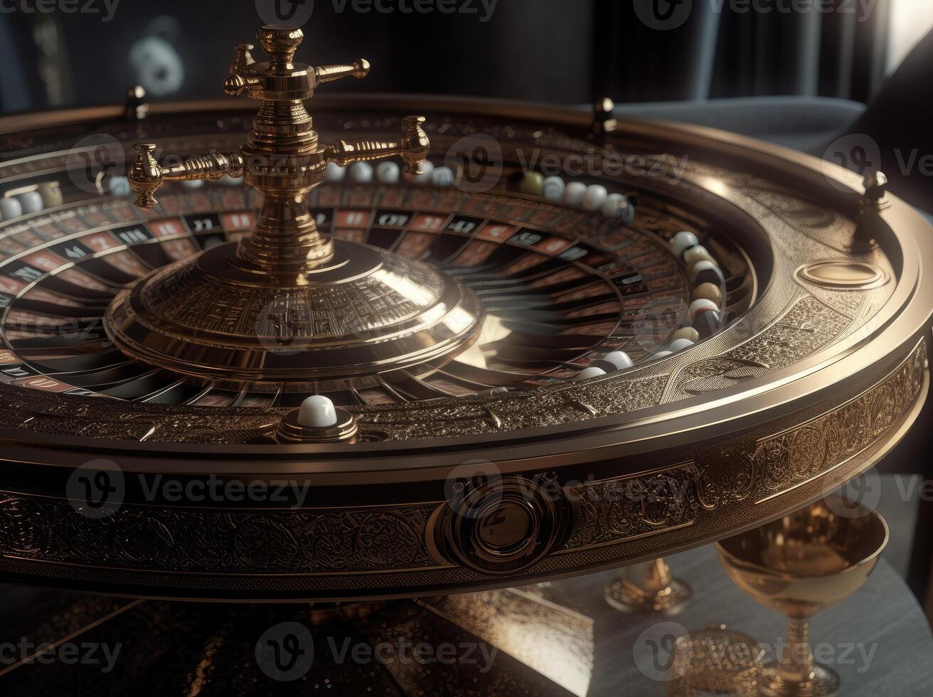 Roulette wheel, in the middle of the table on the casino table. photo
