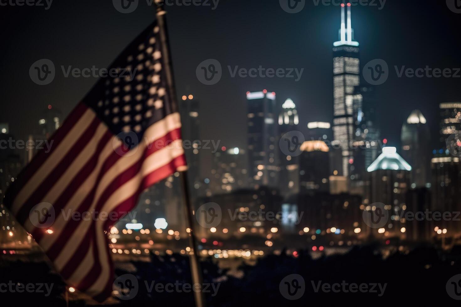 Photo of american flag in front of bokeh effect of cityscape in background.