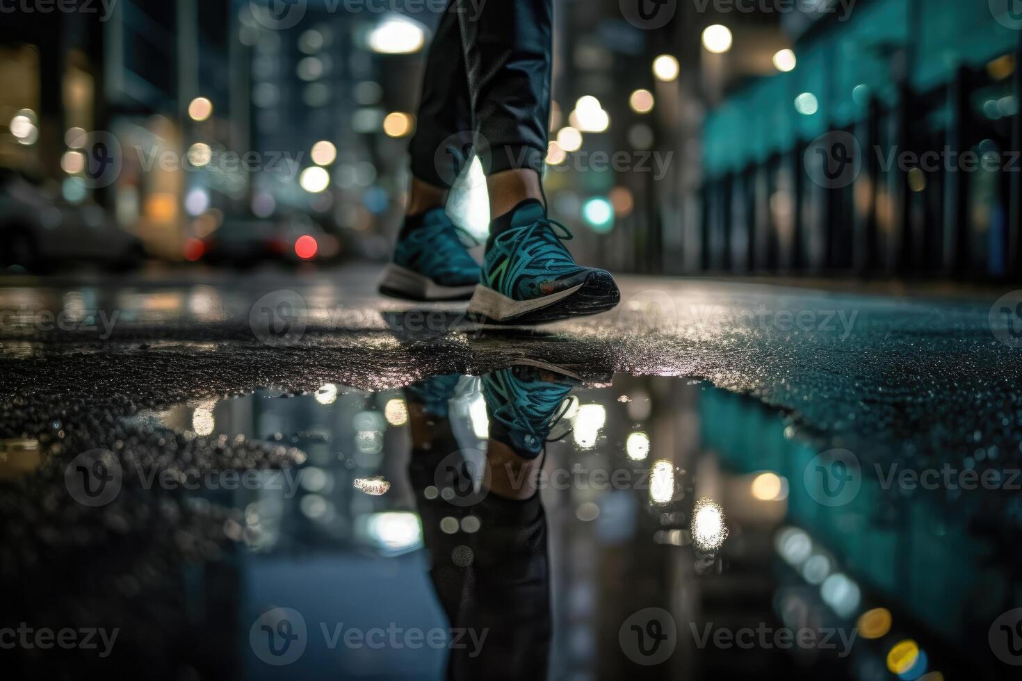 Photo of an athlete jogging in front of bokeh lights at night in the city.