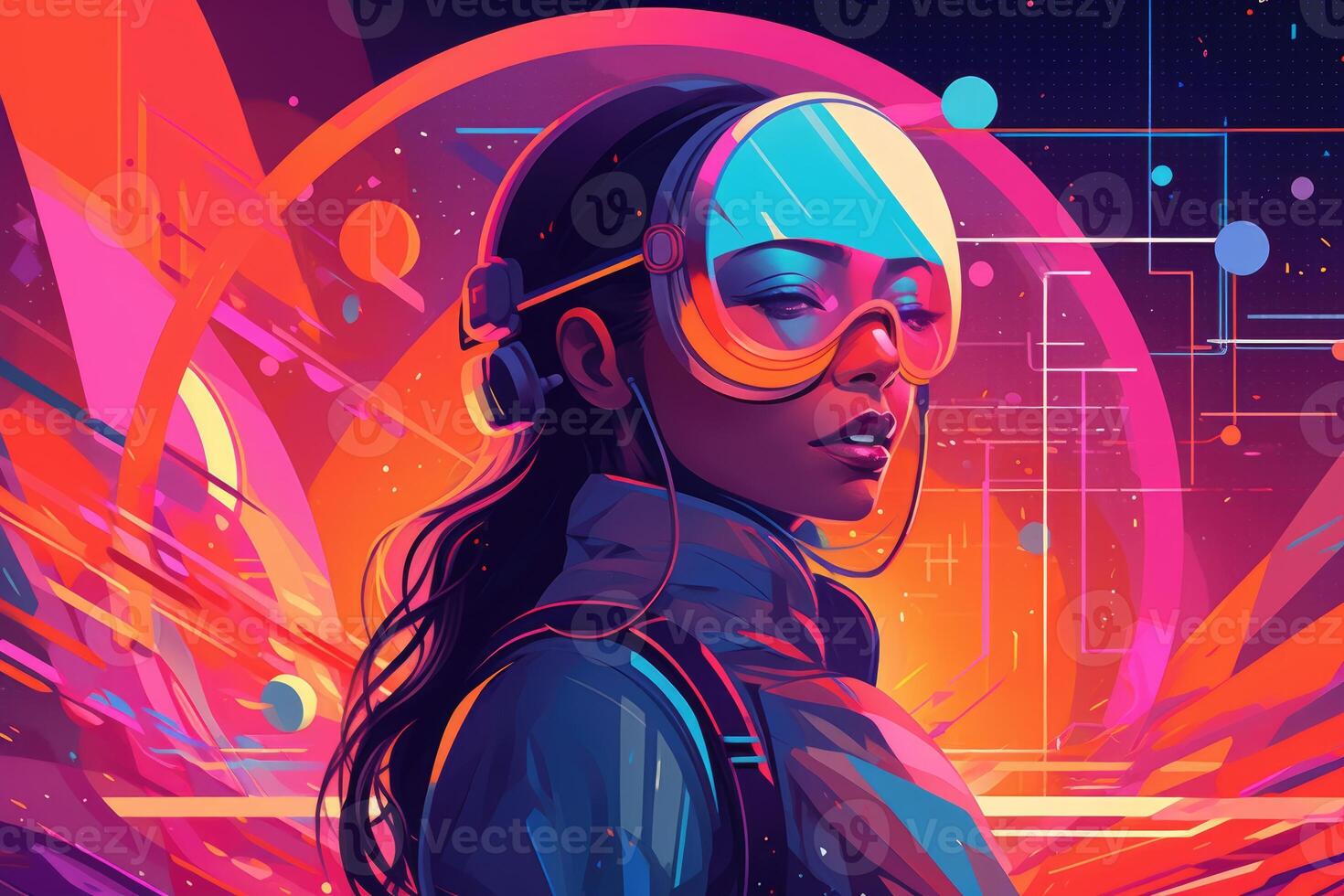 Abstract and retro futuristic robot woman illustration with multiple color laser neon effect. photo