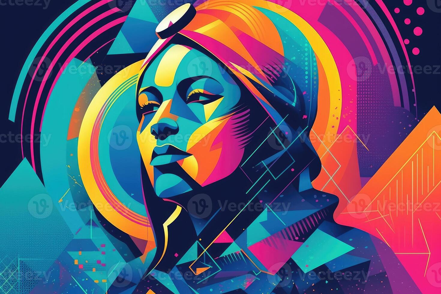 Abstract and retro futuristic robot woman illustration with multiple color laser neon effect. photo