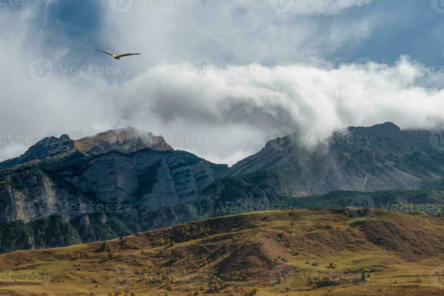 Scenic landscape with autumn mountain valley against large mount photo