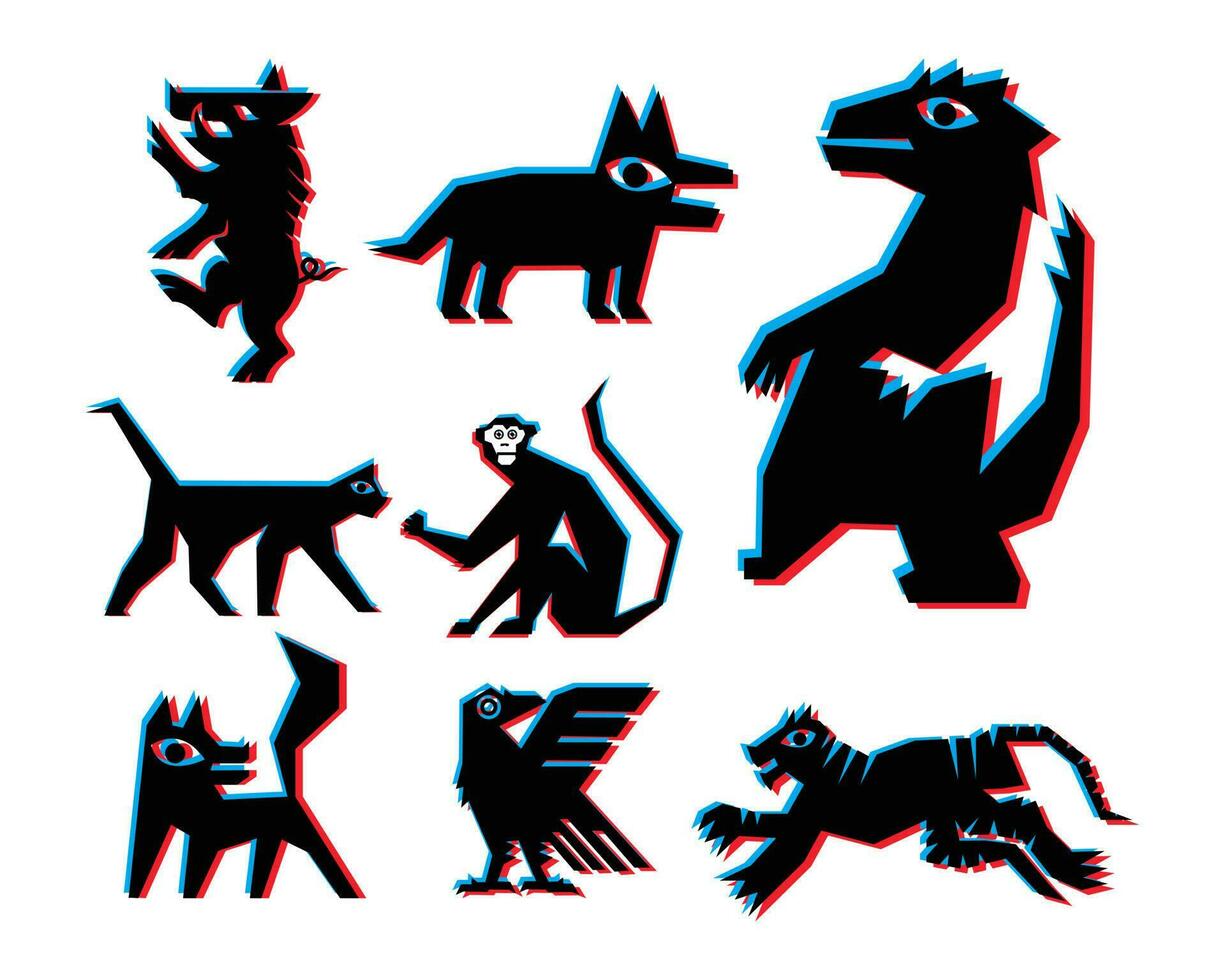 Animals illustration vector geometric collection element clip art tattoo sticker silhouette, pig, falcon, monkey, wolf, cat editable