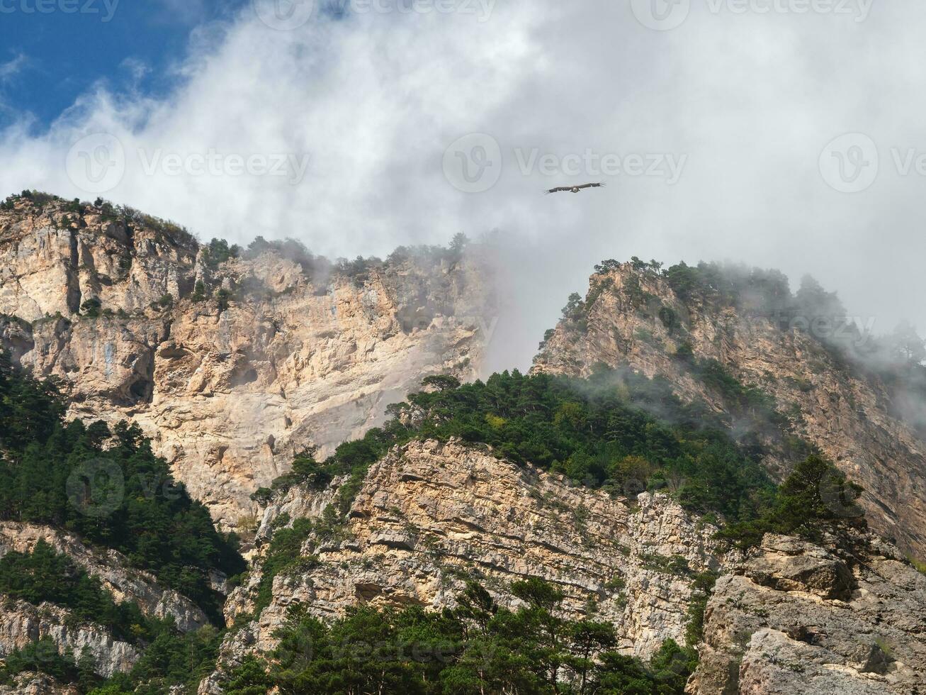 Scenic landscape with autumn mountain valley against large mount photo