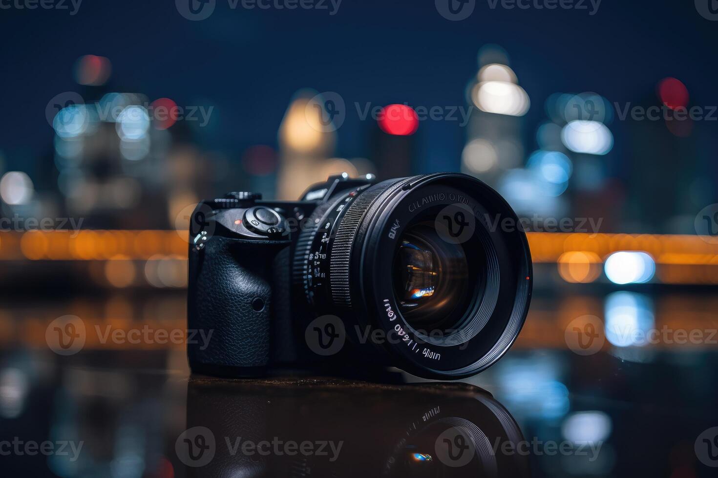 Dslr camera in the front with bokeh effect of the cityscape in the background. photo