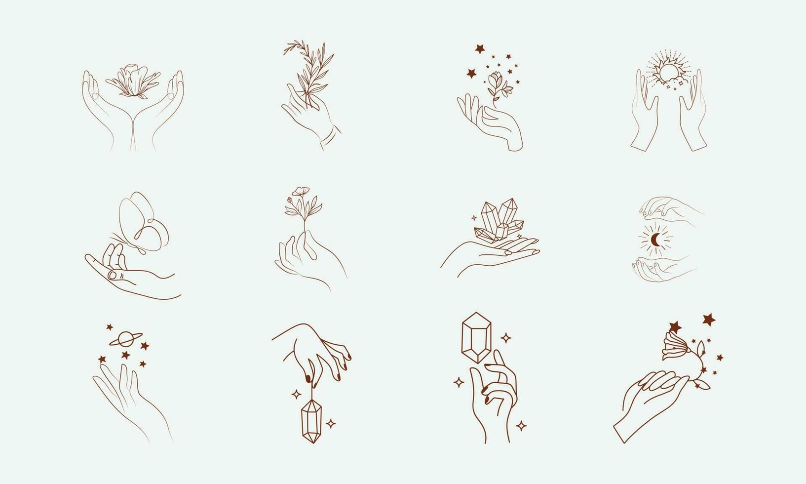 A set of Woman's hand icon collections in a minimal linear style. Vector logo design Templates with different hand gestures, Crystal. For cosmetics, beauty, tattoo, Spa, feminine, jewelry store.