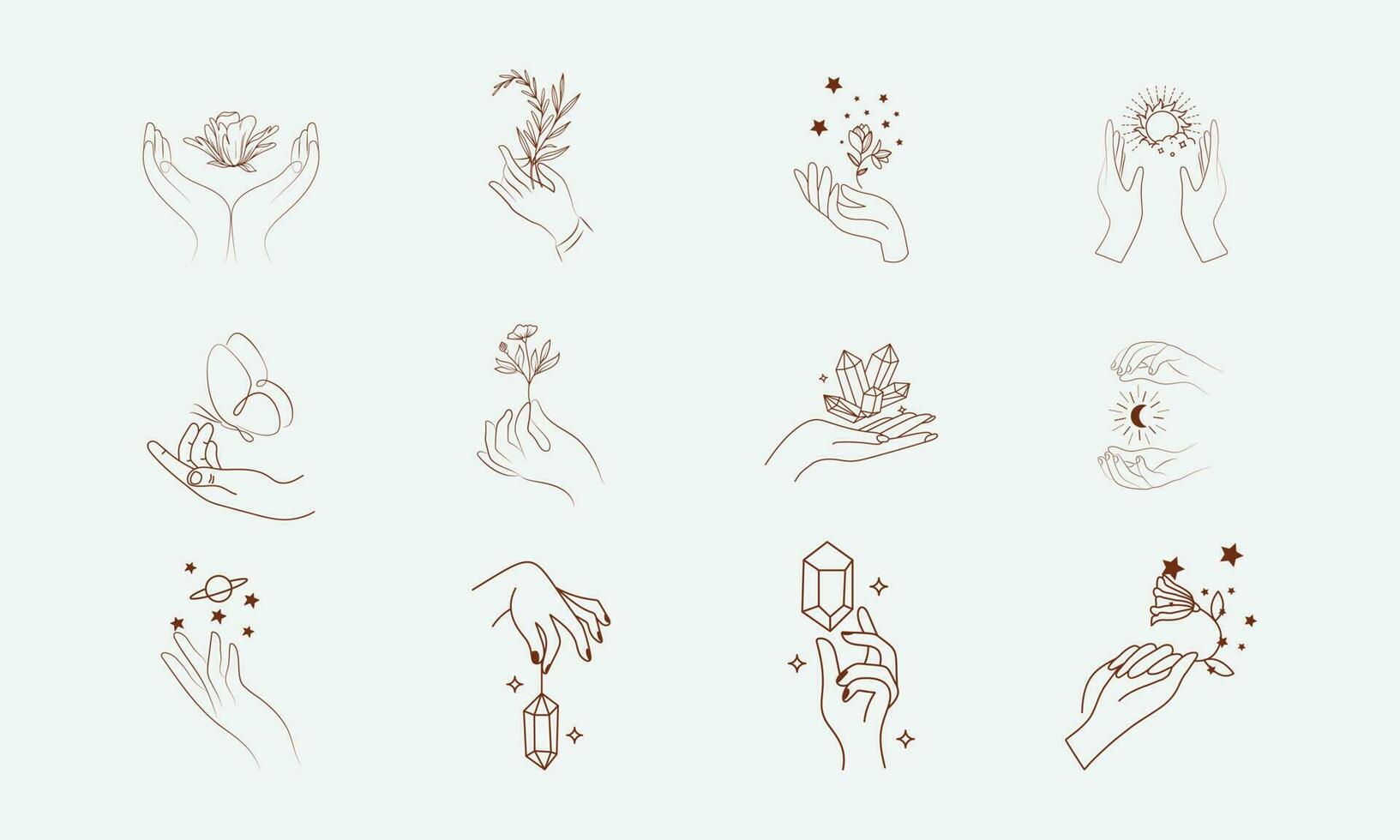 un conjunto de colecciones de iconos de mano de mujer en un estilo lineal mínimo. plantillas de diseño de logotipos vectoriales con diferentes gestos manuales, cristal. para cosmética, belleza, tatuaje, spa, femenino, joyería. vector