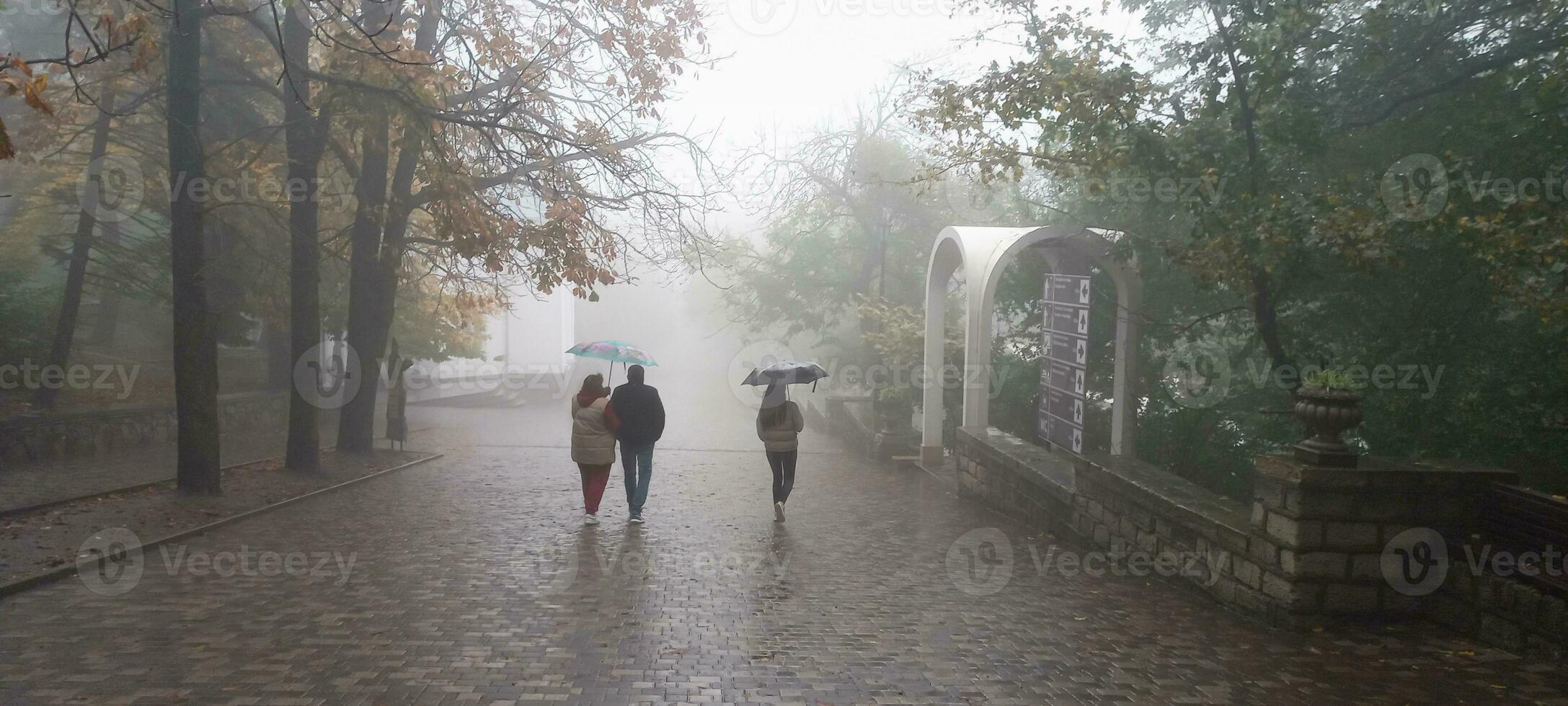 Soft focus. Peoples with an umbrellas in motion. Foggy morning at city alley. Tourists under an umbrella are walking in a park, walking in the fall in the rain, an autumn umbrella. Panoramic view. photo