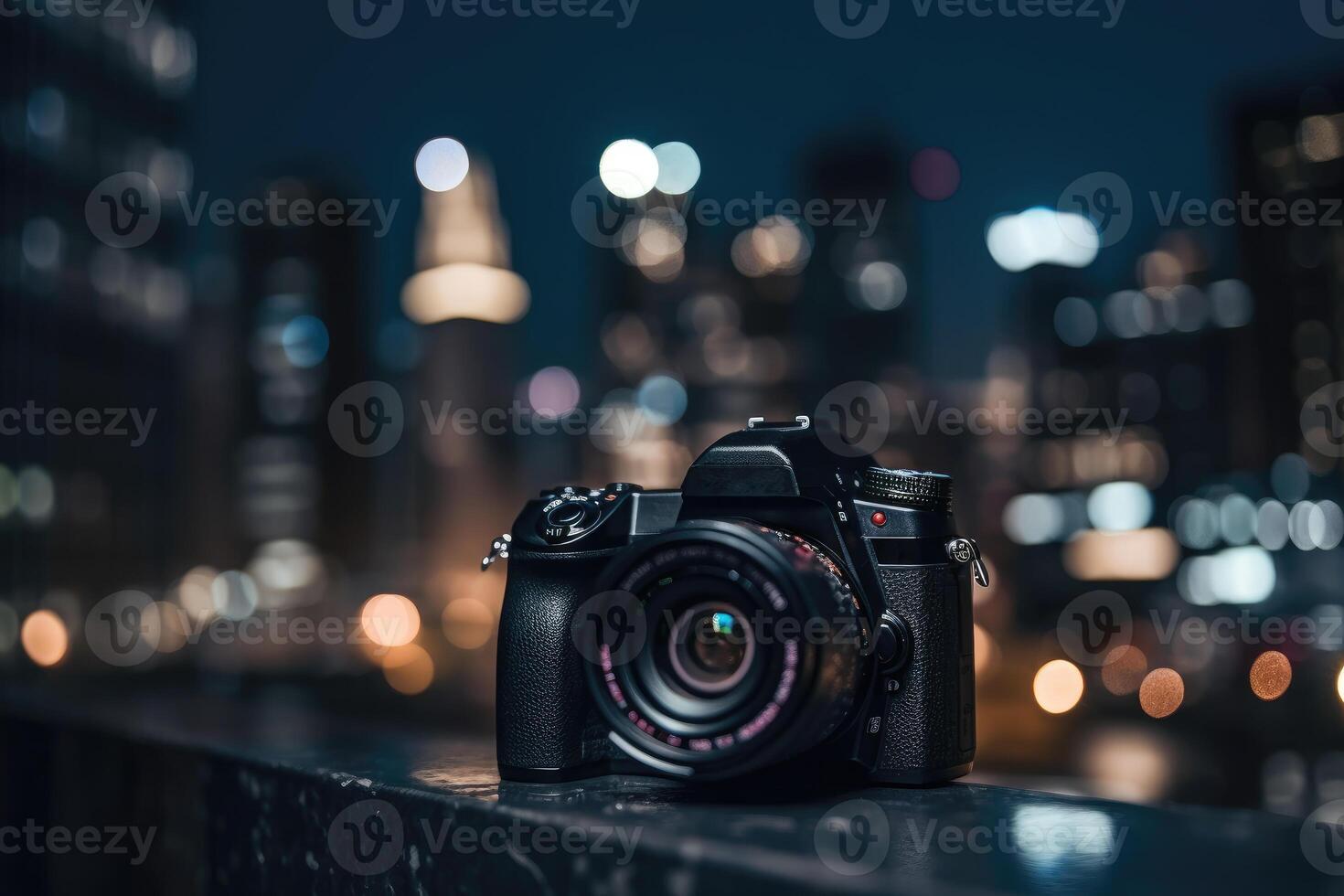 Dslr camera in the front with bokeh effect of the cityscape in the background. photo