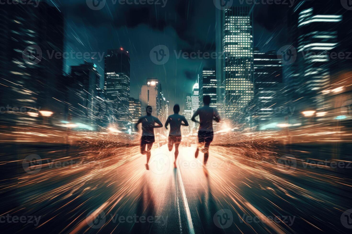 Photo of an athletes jogging in front of bokeh lights at night in the city.