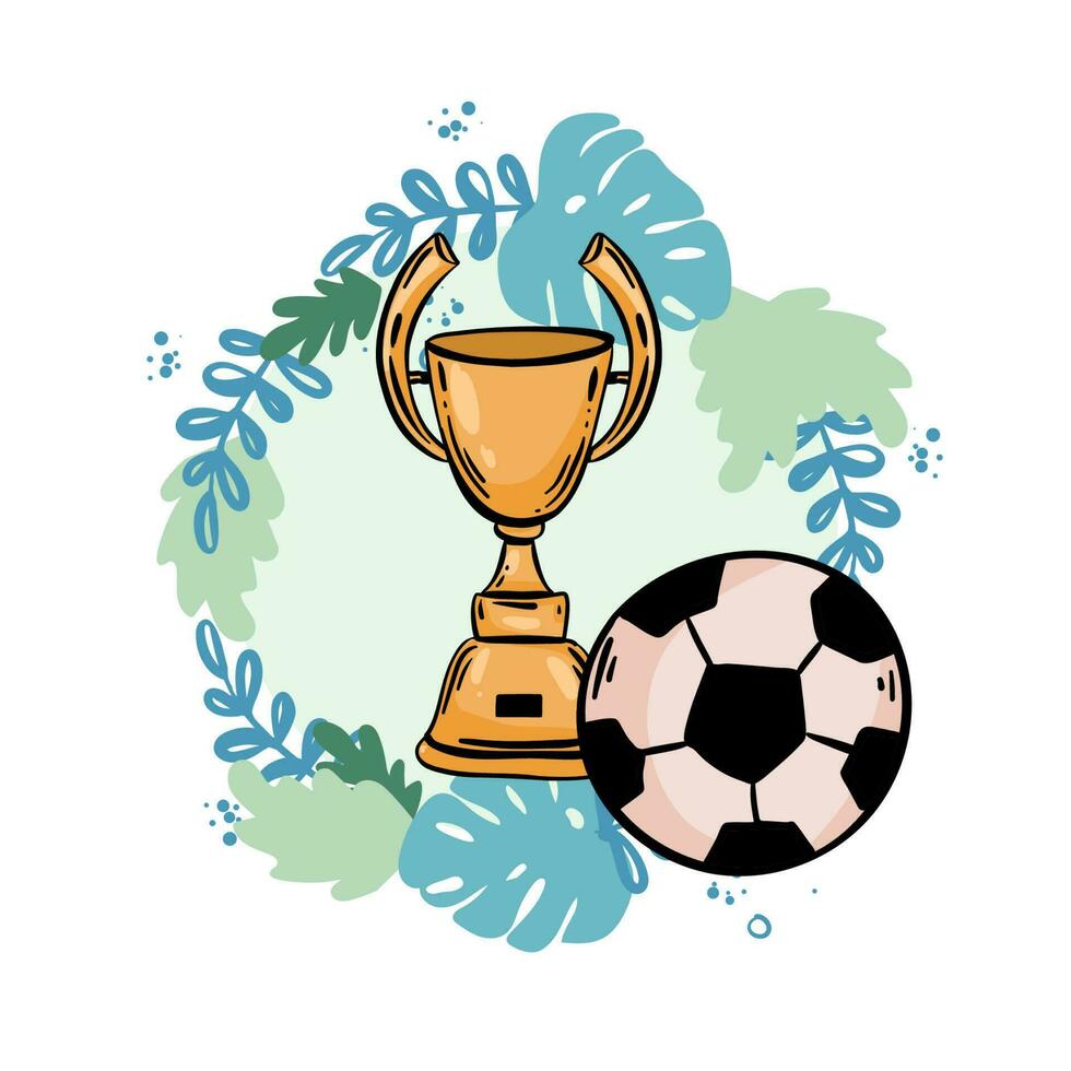 Soccer ball with golden cup. Creative concept background with sports attributes design elements. Realistic 3d object cartoon style. Sports football game. vector illustration