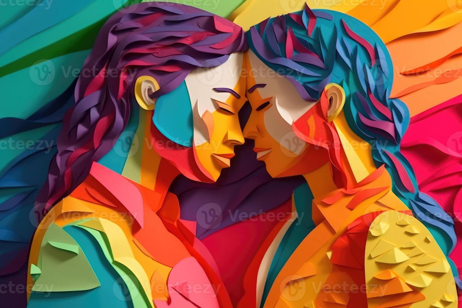 lesbiana Pareja abrazando cada otro, ilustración en papel Arte estilo para orgullo mes. generativo ai foto