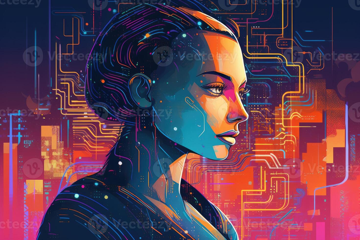 Abstract and retro futuristic robot woman illustration with multiple color laser neon effect. photo