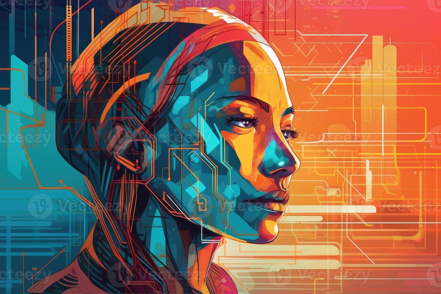 Abstract and retro futuristic robot woman illustration with multiple color laser neon effect. photo