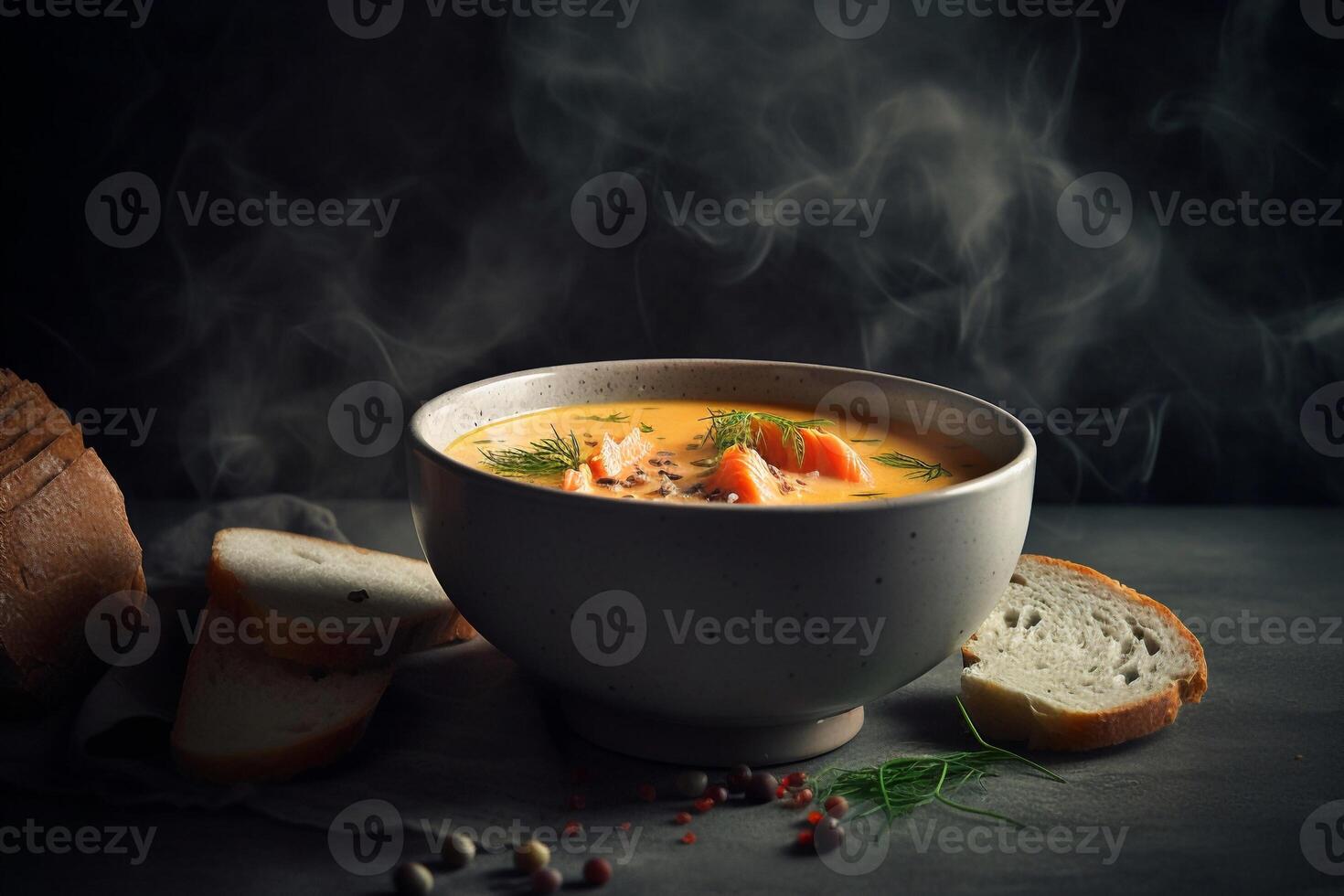 a bowl soup with salmon AI Generate photo