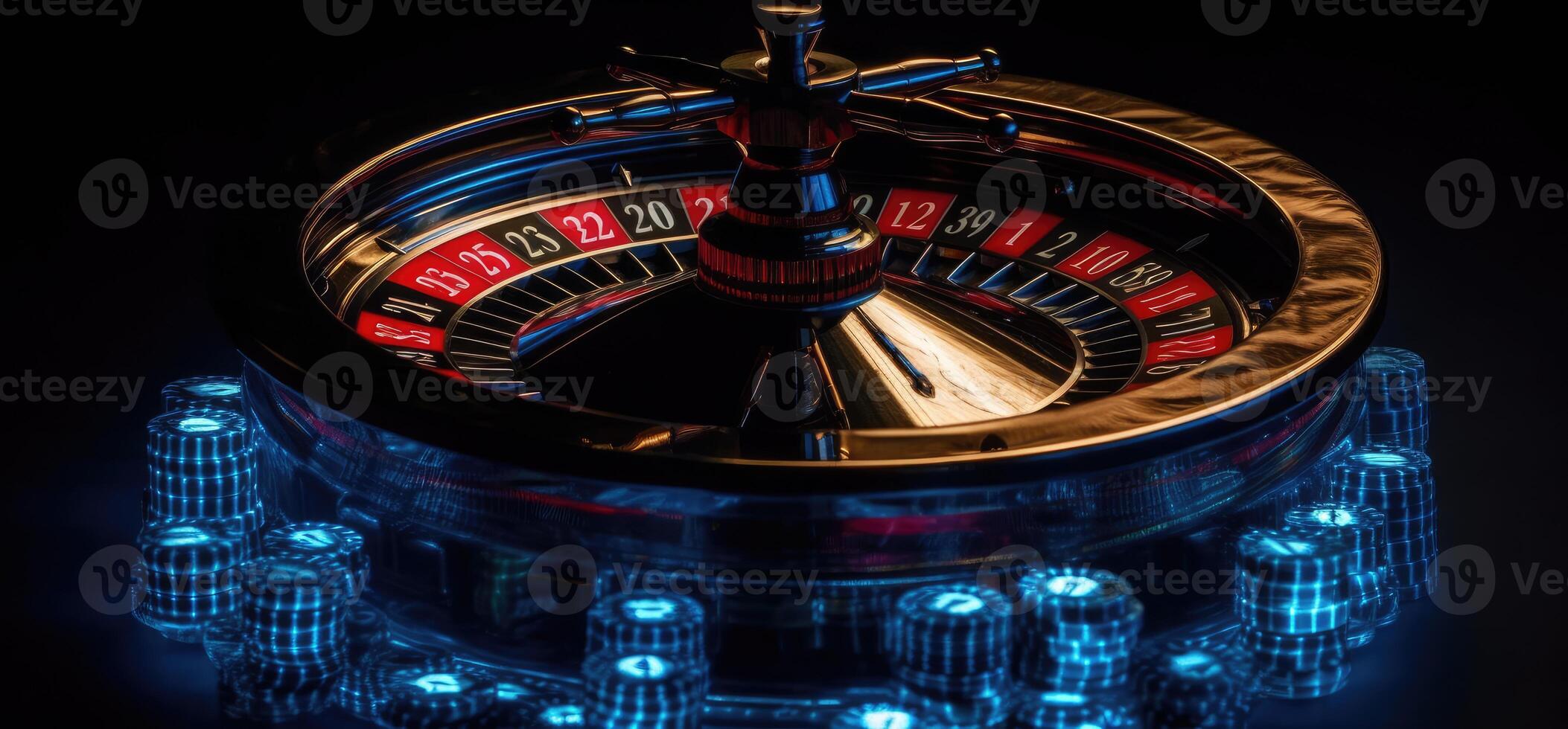 Roulette wheel with blue background and lights, casino photo. photo