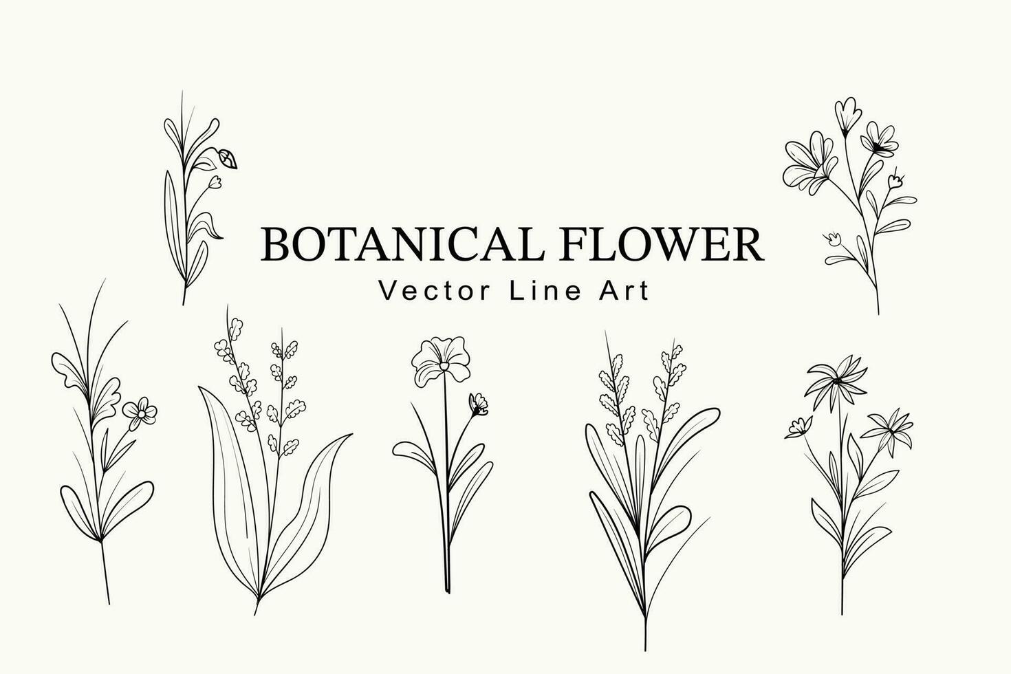 Trendy floral branch and minimalist flowers for logo or decorations. Hand drawn line wedding herb, elegant leaves for invitation save the date card. vector